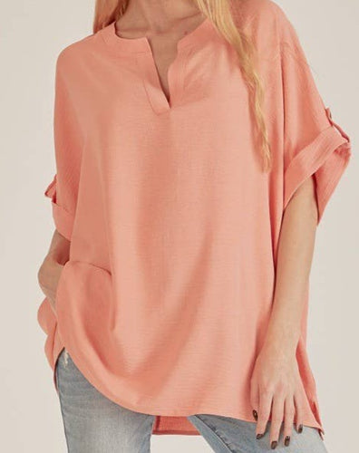 Coral Button Sleeve Top