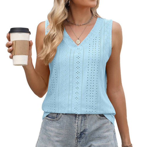 Sky Blue Eyelet V Neck Tank