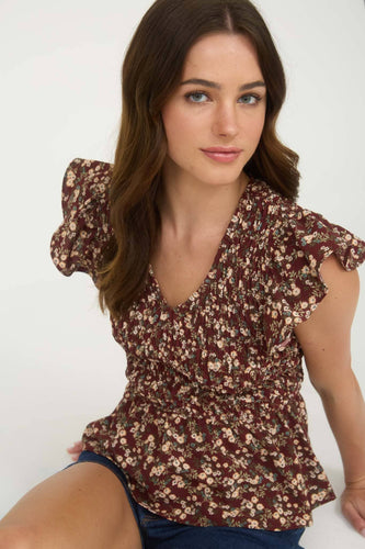 Burgundy Floral Smocked Ruffle Top
