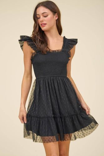 Black Polka Dot Chiffon Smocked Ruffle Dress