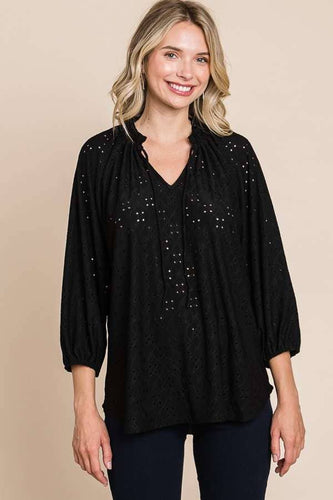 Black Shirred Raglan Top