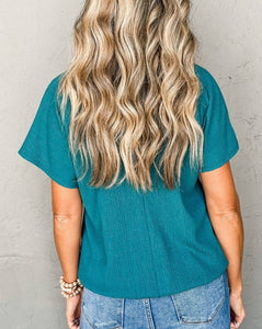 Turquoise Crinkle Bubble Hem V-Neck Top