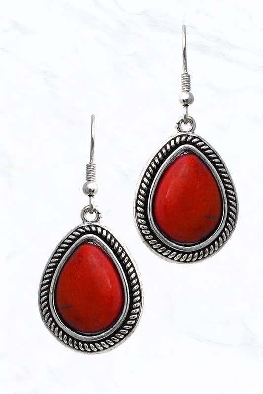 Stone Teardrop Dangle Earrings: Red