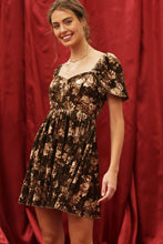 Load image into Gallery viewer, Brown Floral Velvet Puff Sleeve Dress