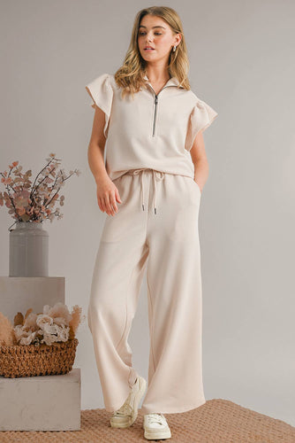 Textured Ruffled Sleeve Zipped Top & Pants Set