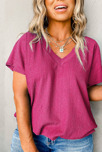 Pink Crinkle Bubble Hem V-Neck Top