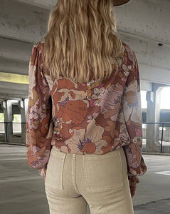 Brown Floral Bubble Sleeve Top