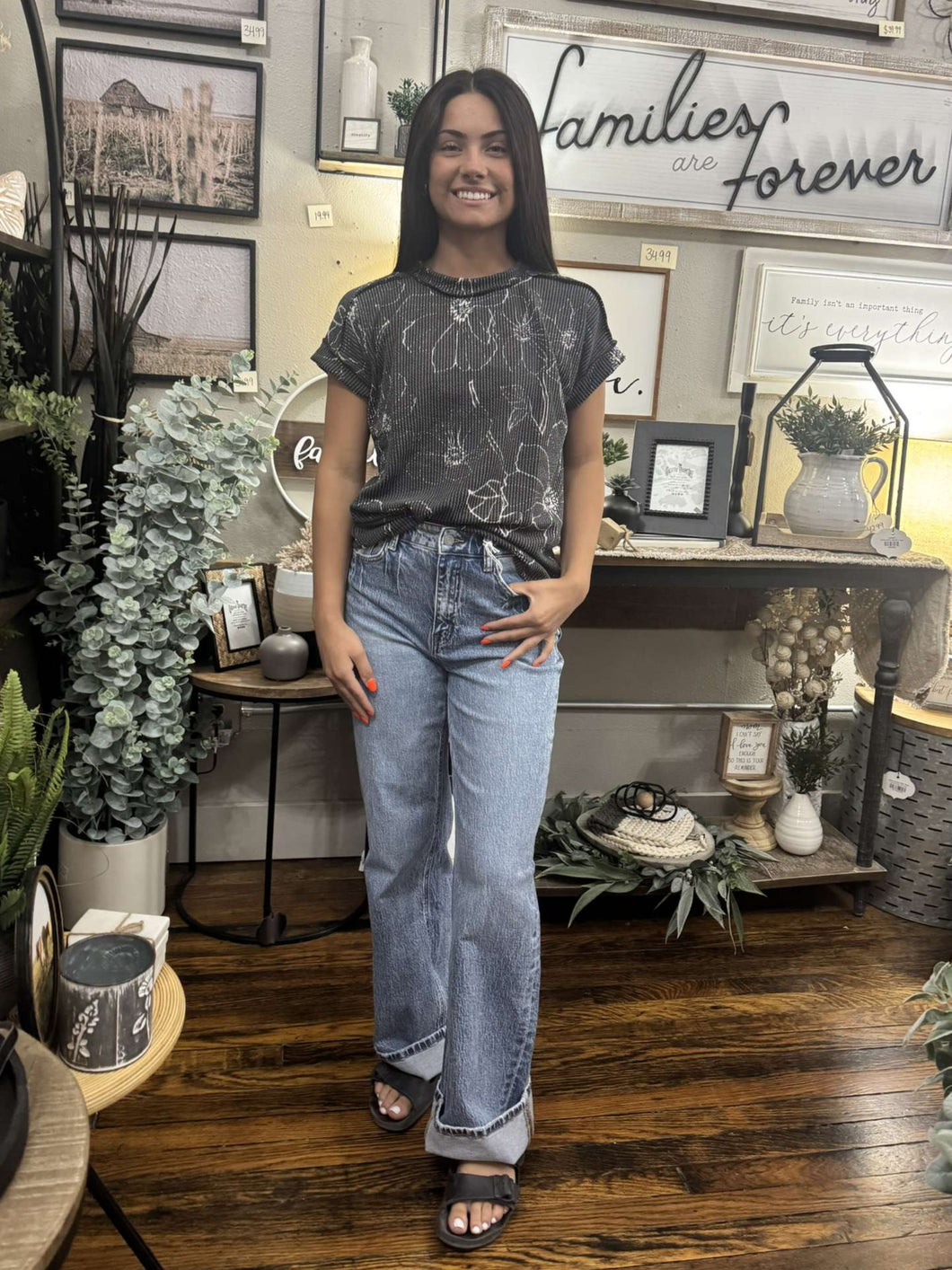 Black Floral Ribbed Top