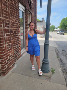 Blue V-Neck Mini Flared Backless Dress