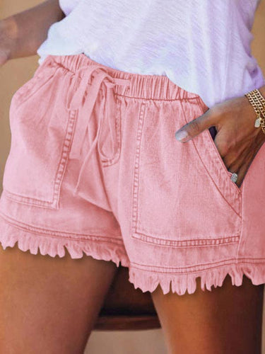 Pink Drawstring Fringe Shorts