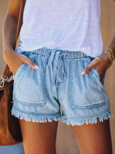 Load image into Gallery viewer, Blue Drawstring Fringe Shorts