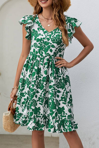 Green Ruffle Sleeve Floral Print Dress