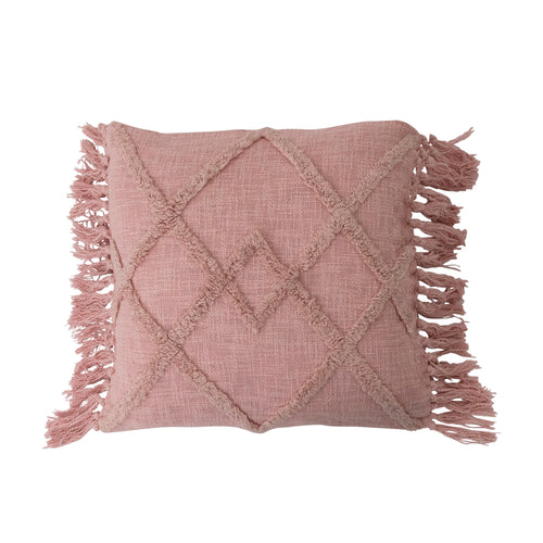 Cotton Blend Pillow with Tufted Pattern and Fringe