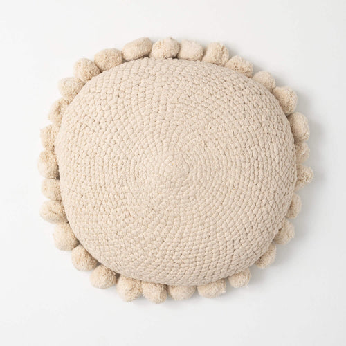 Ecru Pom Pom Round Pillow